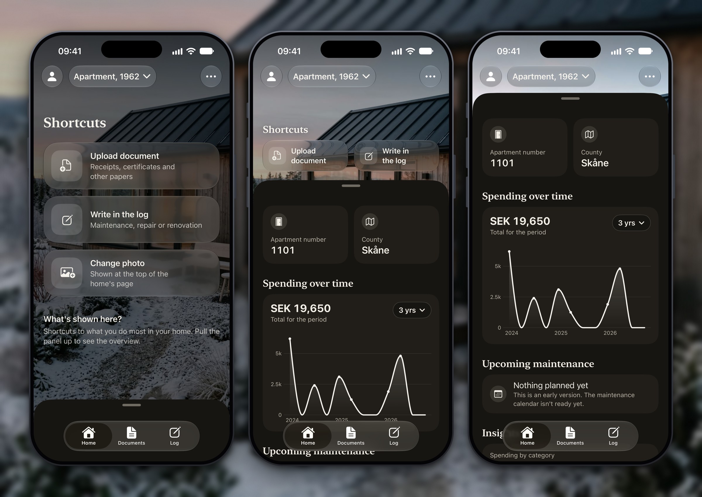 Three Home screens: shortcuts over the home photo with the sheet pulled down, the default view with two fact cards and a spending chart, and the sheet pulled up to show upcoming maintenance and insights.